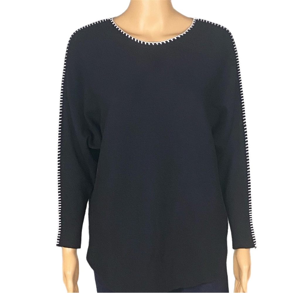 Aaeda Black Crew Neck Sweater w/white blanket-stitch trim on neck & arms. Small